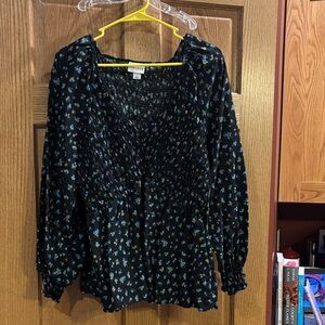 Ava & Viv Black Blouse with Blue Floral Design